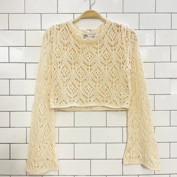 ZARA Crochet Statement Sleeves Sweater Women’s Medium Off White Cream Cropped - Picture 1 of 4